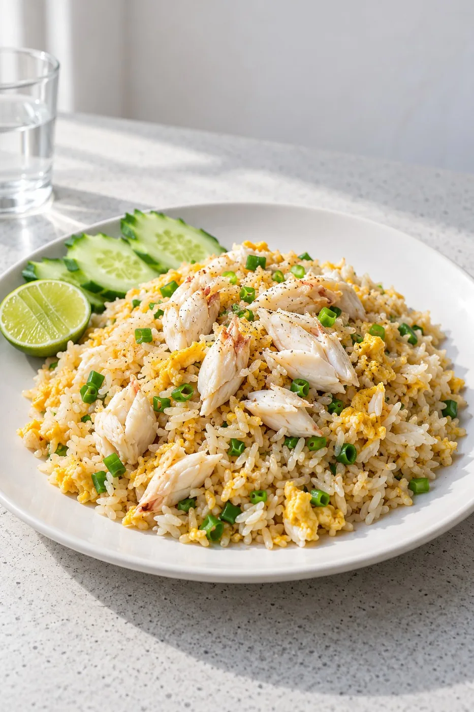 ข้าวผัดปูโรยต้นหอม มีแตงกวาและมะนาวซีกข้างจาน