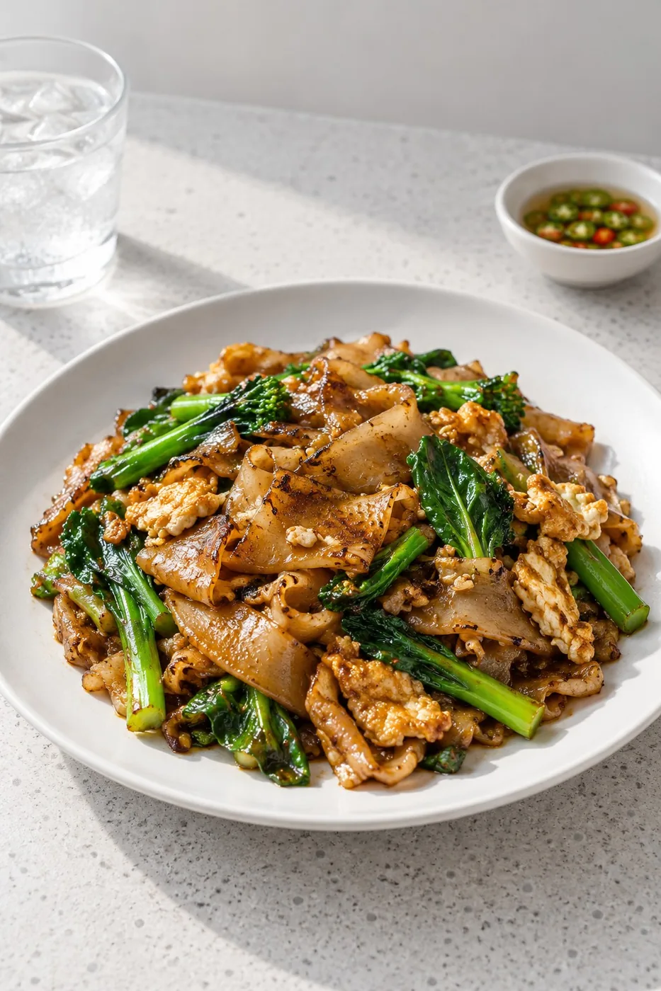 ผัดซีอิ๊วเส้นใหญ่กับคะน้าและไข่ในจานขาว