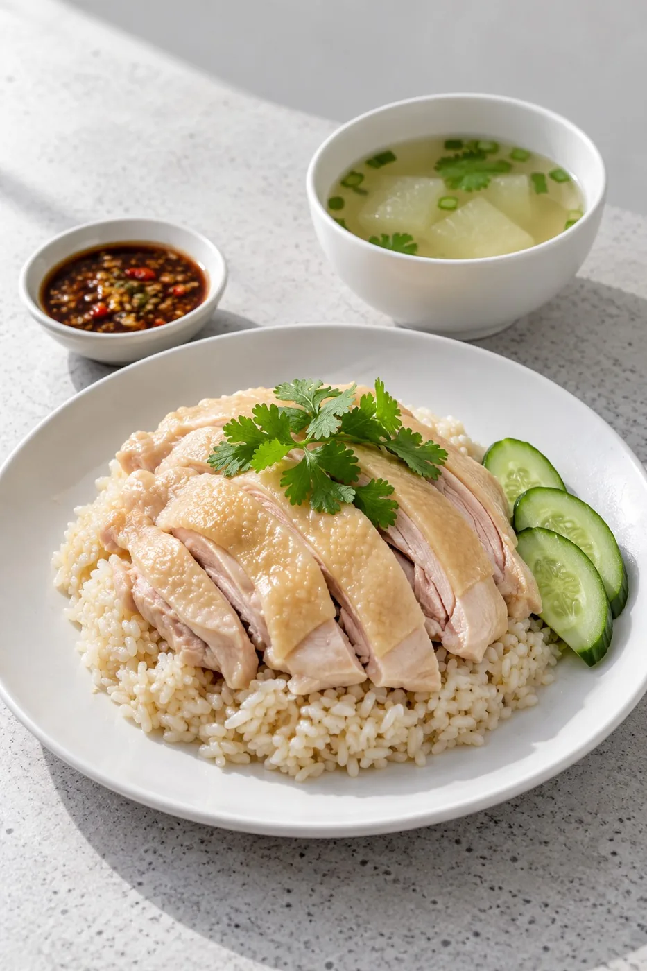 ข้าวมันไก่ต้ม ไก่หั่นชิ้นวางบนข้าว น้ำจิ้มเต้าเจี้ยวและซุปฟัก