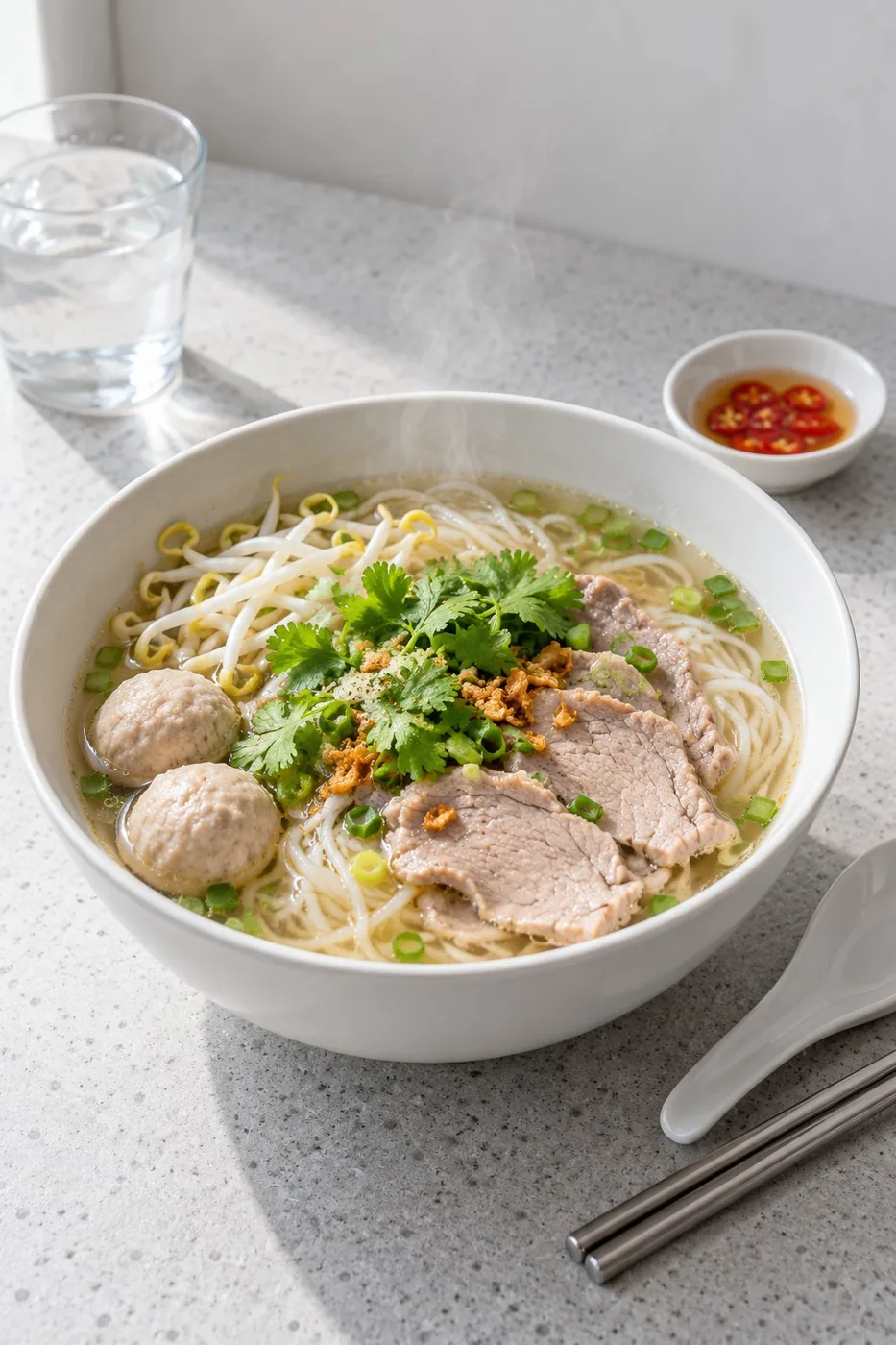ก๋วยเตี๋ยวเส้นหมี่น้ำใส หมูสไลซ์ ลูกชิ้น ถั่วงอก ผักชี