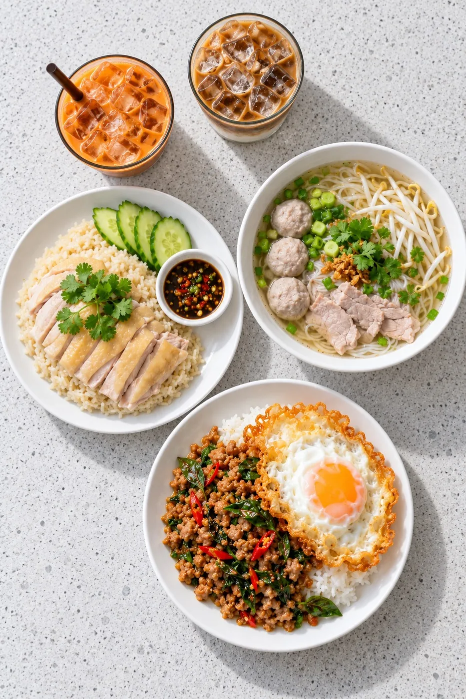 มื้อเที่ยงบนโต๊ะในร้าน มองจากด้านบน กะเพราไข่ดาว ข้าวมันไก่ ก๋วยเตี๋ยว ชาไทย และกาแฟเย็น