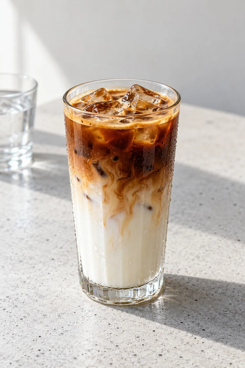 ลาเต้เย็นในแก้วใส ชั้นกาแฟลอยบนนมสด